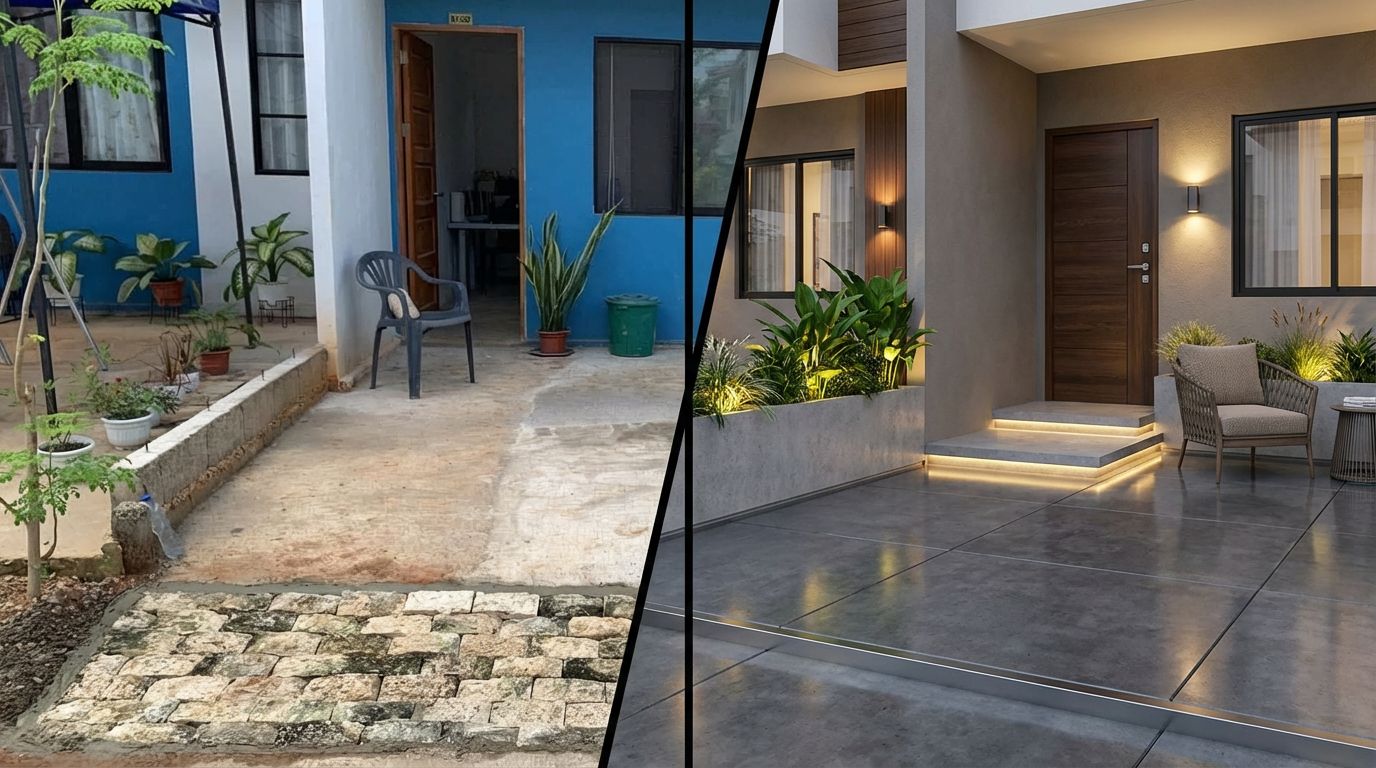 Landscaped exterior of a newly completed structure with greenery